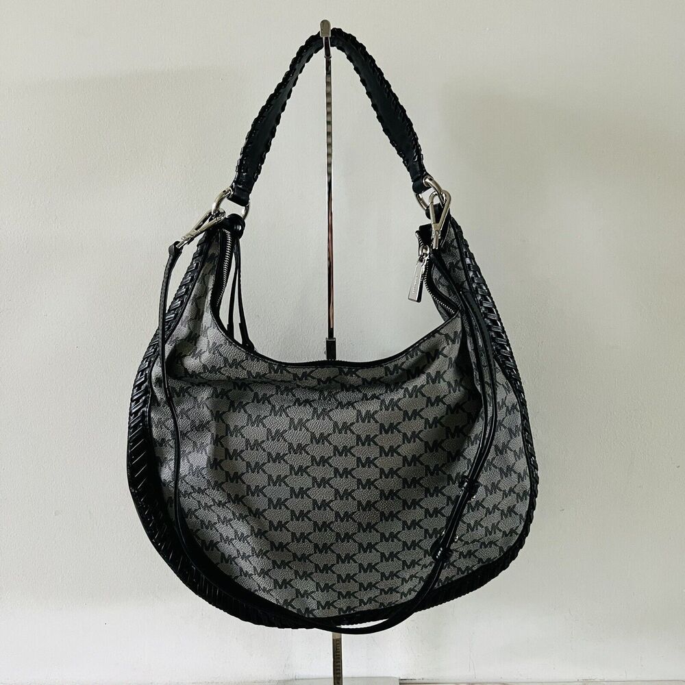 MICHAEL KORS Lauryn Solid Black Gray Leather Large Shoulder Bag - Picture 4 of 9